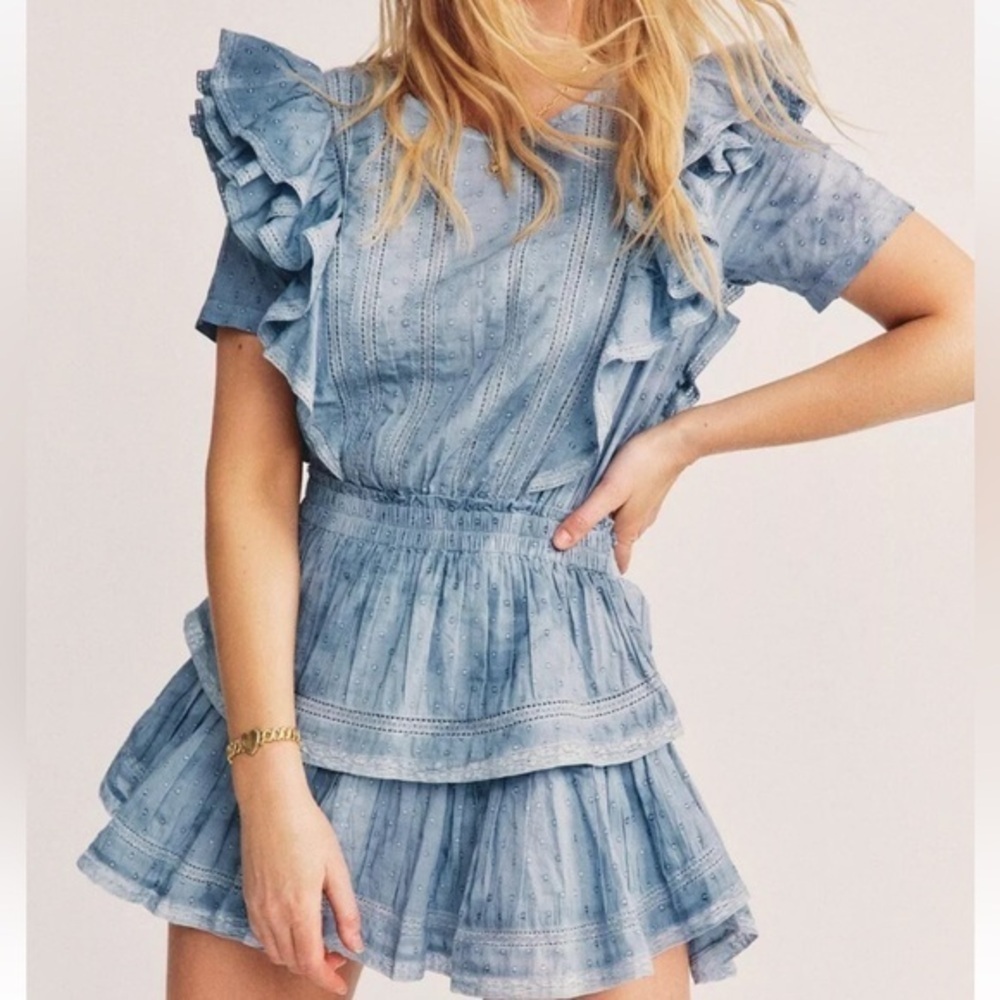 LoveShackFancy Natasha Dress Washed Denim Blue Ruffle Mini